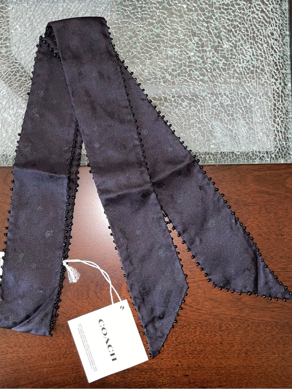 Coach Black Silk Floral Print Beaded Skinny Scarf - Picture 2 of 6